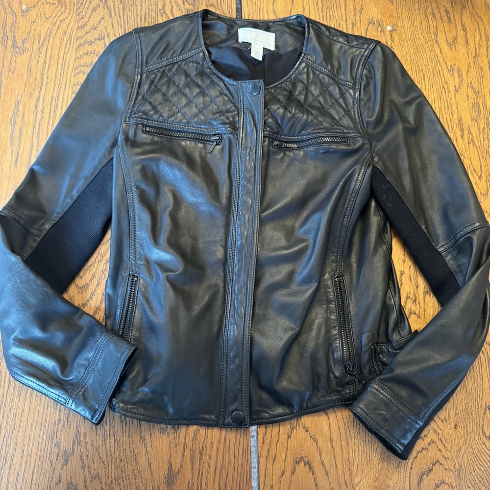 Caslon Leather Black‎ Full Zip Soft Shell Fabric Accent Moto Jacket Size Small